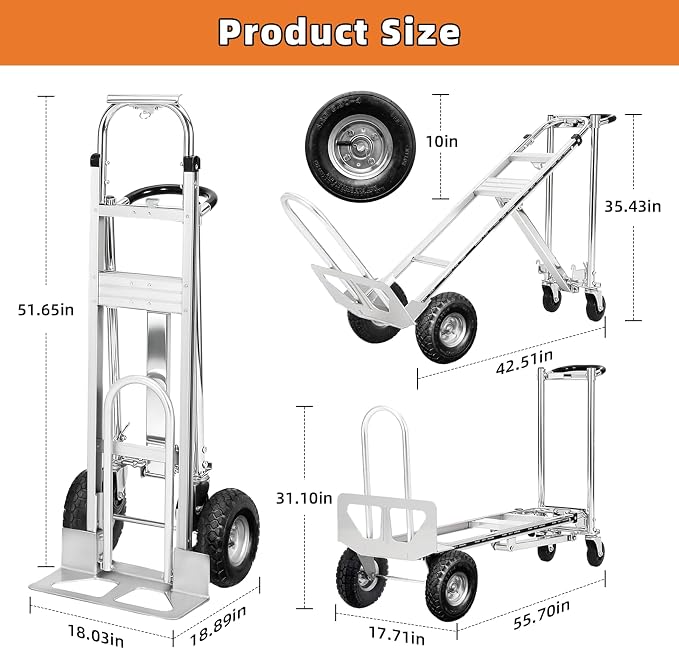 Aluminum 4 in 1 Convertible Hand Truck Dolly, 1000Lbs Capacity, Heavy Duty Folding Hand Truck Dolly Cart with Wheels 10" All-Terrain Tires, Hand Trucks for Logistics, Home, Office, School, Silver