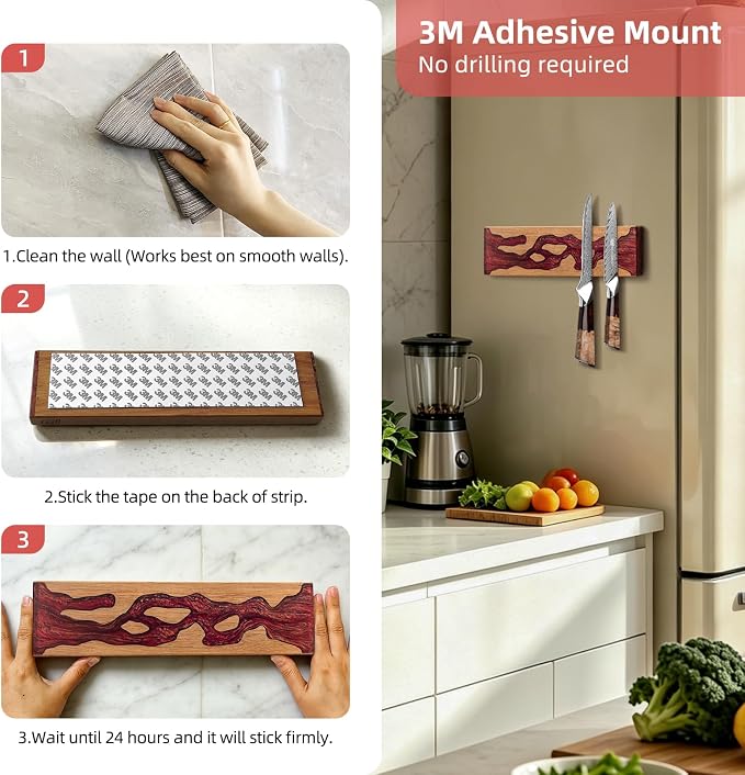 FINDKING Magnetic Knife Strip for Wall, Solid Acacia Wood with Deep Red Resin Inlay, Wall-Mounted Knife Holder with Strong Magnetic Hold, No-Drill Adhesive Mount (12 Inch)