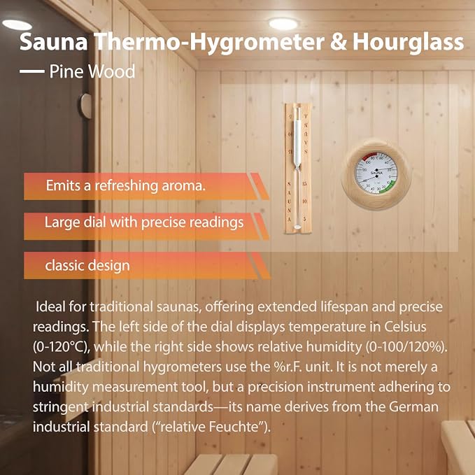 Sauna Bucket and Ladle Set, Handmade from Pine Wood - Core Set (Bucket & Ladle, Thermometer & Hygrometer, Sand Timer, Aromatherapy Bowl Oil Cup) (Pine)