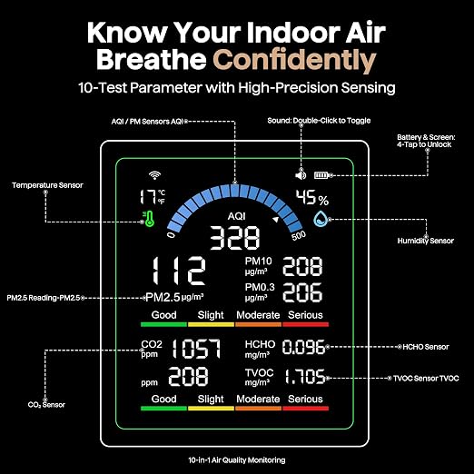Air Quality Monitor Indoor, 10 in 1 Portable Smart Air Quality Tester for CO2 | TVOC | HCHO | Temp | AQI | PM0.3-1 Detection Suitable for Home, Cars, Plants, Pets and Hotels