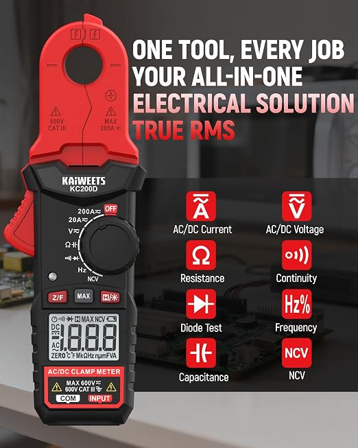 KAIWEETS Digital Clamp Meter with Round Jaw, Automotive Multimeter, NCV, 2000 Counts, Amp Voltmeter, Accuratly Measure AC/DC Current & Volatge, Resistance, Diode, Capacitance, Continuity, Frequency