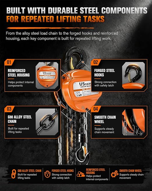 Chain Hoist 1/2 Ton, 1100 lbs Capacity, 10 FT Manual Chain Fall, G80 Alloy Steel Load Chain, Double-Pawl Brake, 360° Swivel Hooks, Heavy Duty Hoist for Garage, Shop, Farm, Warehouse
