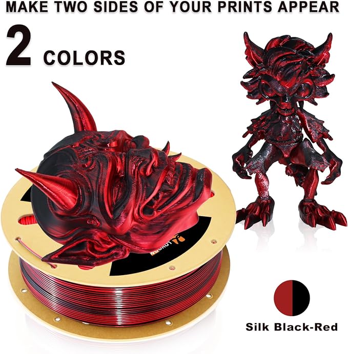 LOVOON PLA Filament 1.75mm Silk Dualcolors Red Black, Shiny Coextrusion PLA Filament, Color Change by Angle 3D Printing Filament, Silk Red Black, 1KG(2.2lb)/Spool