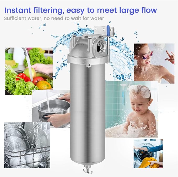 NSF/ANSI 42 Stainless Steel Whole House Water Filter Housing, 10" x 2.5" Sediment Water Filter System for Heavy Duty, Well & City Water, 3/4" NPT Port, Drain Valve Style A(Wing)