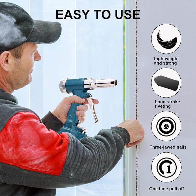 Vanwoke Pneumatic Rivet Gun,Air Pop Riveter Gun Tool Kit with 3/16",5/32", 1/8" and 3/32" Capacity Nosepieces with 40PCS Rivets,Heavy Duty Pop Pneumatic Riveter Riveting Tool