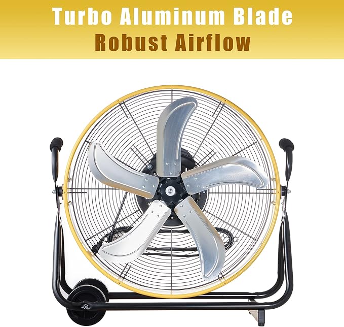 HiCFM 7800 CFM 24 inch High Velocity Internal Oscillating Barrel Floor Fan with Powerful 1/4 Motor, 9ft Power Cord for Workshop, Garage, Commercial or Industrial rooms - UL Safety Listed