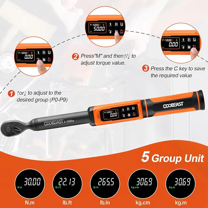 coobeast 3/8 Digital Torque Wrench,Adjustable Electric Torque Wrench Tool Set with Preset Value(1.5-99.5 Ft-lbs./2-135 Nm),with Buzzer and LED Alert, Portable Wrenches Set for Bike Motorcycle(Black)