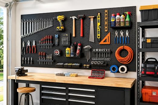 WallPeg Pegboard Panels Garage Organization - 12 ea (24"x16") Black Peg Board Panel Set - (PB-1-B) Tool Organizer, Crafts, Shop, Home, Office, Wall Storage Kit