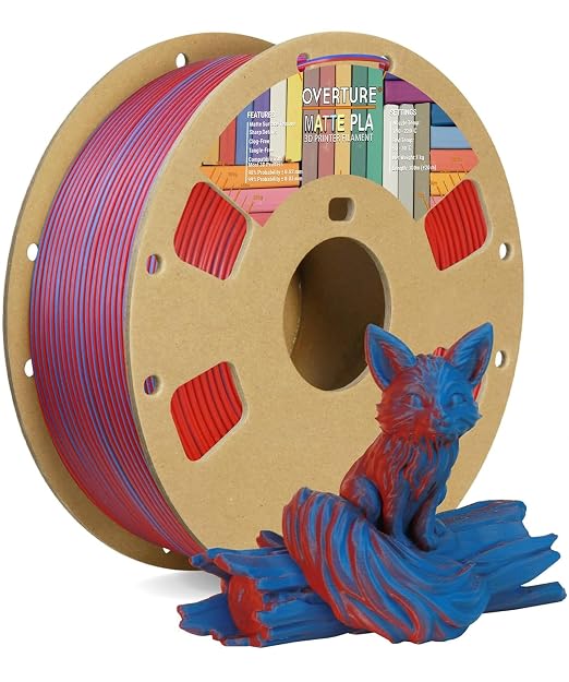 OVERTURE Matte PLA 1.75mm, Low Warp & Smooth Finish 3D Printer Filament | Frosted Matt Finish Hides Layer Lines, 1kg Spool (2.2lbs) Cardboard Spool, Fit Most FDM Printer (Matte Blue-Red)
