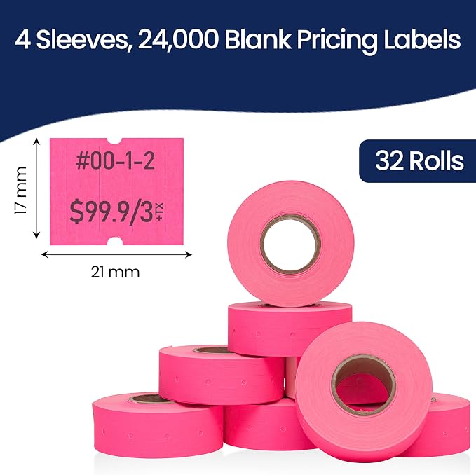 Perco 2 Line Fluorescent Pink Labels - 24,000 Blank Price and Date Gun Labels for Perco 2 Line Price and Date Guns - 32 Rolls, 4 Sleeves - Made in USA
