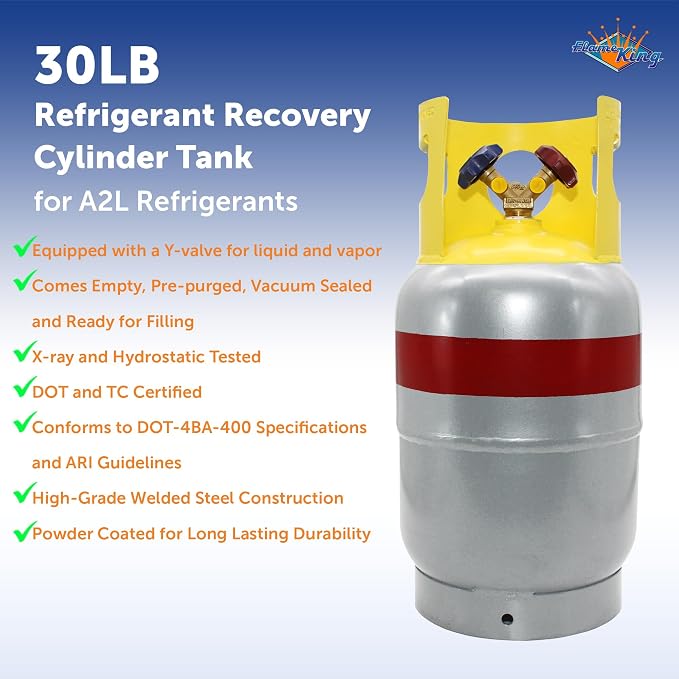 Flame King 30LB A2L Refrigerant Recovery Cylinder Tank, 400 PSI, Dual Y-Valve Liquid/Vapor, Heavy-Duty Steel, HVAC Recovery & Storage