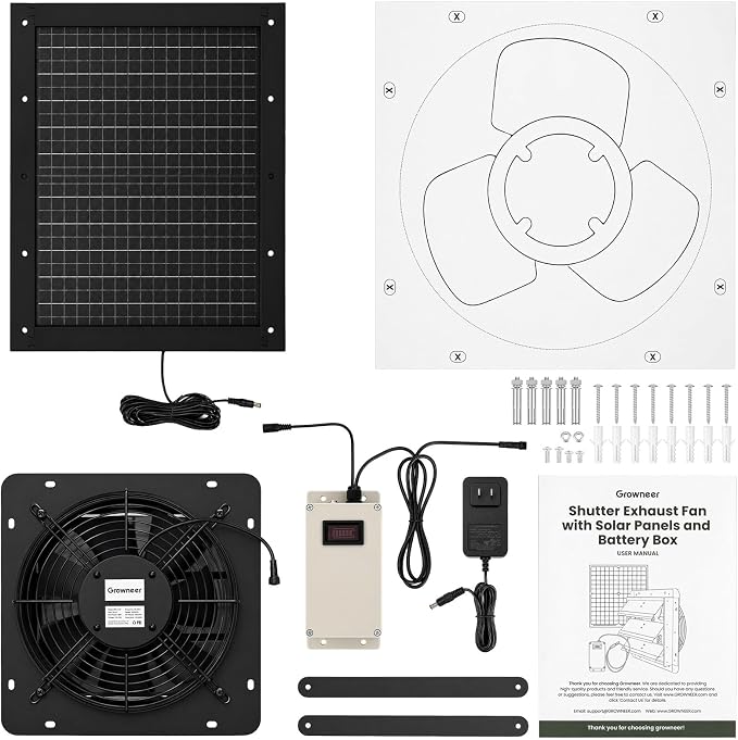 GROWNEER Solar Powered Exhaust Fan, 30W Solar Panel+10" High Speed Solar Powered Fans with Power Adapter, Waterproof Solar Fan with Bracket for Shed, Chicken Coop, Greenhouse, Attic