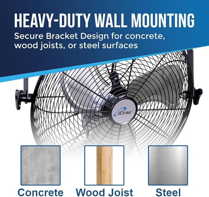 iLiving 18 Inch Wall Mount Fan, 4550 CFM High Velocity Metal Fan with 3 Speeds, Sealed Motor & 360° Tilt, Heavy Duty Wall/Ceiling Mount Fan for Garage, Warehouse, Barn, Greenhouse, Workshop