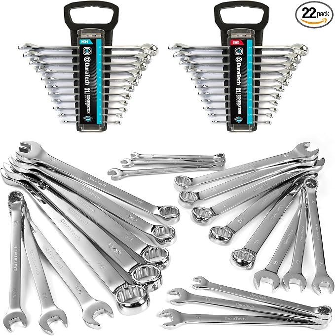 DURATECH Combination Wrench Set, SAE & Metric, 22-piece, 1/4'' to 7/8'' & 8-19mm, CR-V Steel, Organized in Wrench Holder