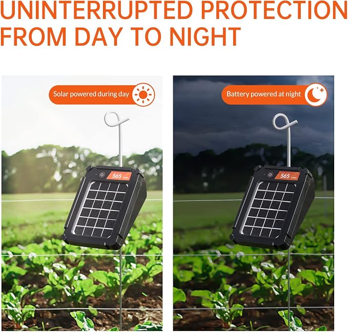 S65 0.065J Solar Electric Fence, 2 Miles Solar Fence Charger for Preventing Bears, Raccoons, Skunks Intruding, Solar Electric Fence Charger with Grounding Rod