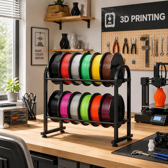 3D Printer Filament Storage Rack, 2-Tier Metal Filament Rack Holds 12 Rolls of 1KG, Heavy Duty Space Saving Filament Rack for Workshop Garage Home Studio