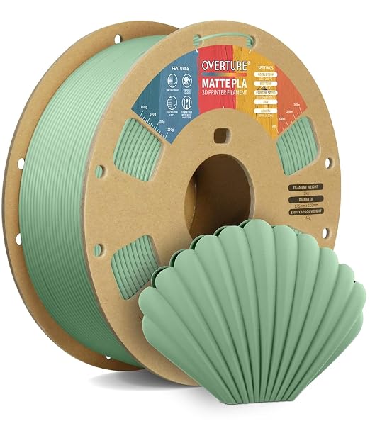 OVERTURE Matte PLA 1.75mm, Low Warp & Smooth Finish 3D Printer Filament | Frosted Matt Finish Hides Layer Lines, 1kg Spool (2.2lbs) Cardboard Spool, Fit Most FDM Printer (Matte Light Green)