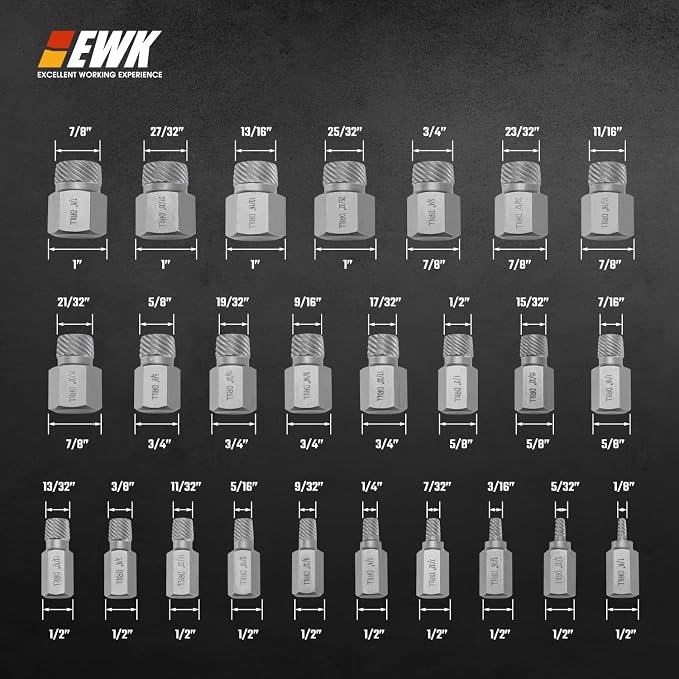 EWK 25-Piece Multi-Spline Screw Extractor Set, CR-MO Easy Out Bolt and Screw Remover for Stripped Screws, Rounded Bolts, Damaged Hex Heads, Broken Studs, and Rusted Fasteners
