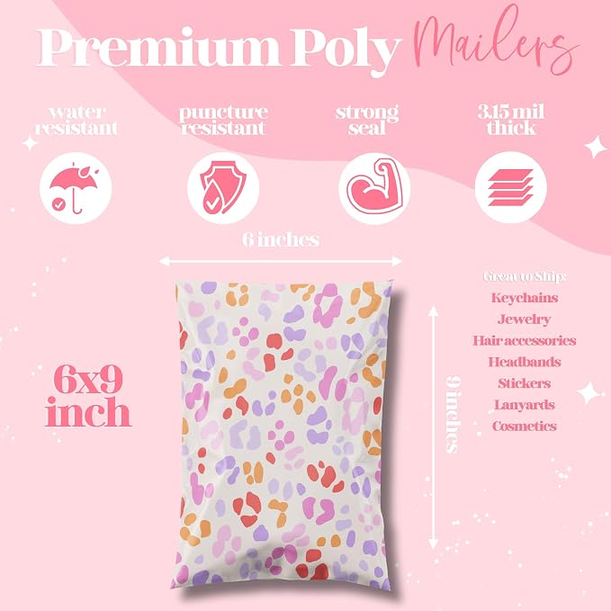 Pretty Package Store Poly Mailer 6x9, Preppy Leopard, 100 Pack | Heavy Duty, Waterproof, Self Seal, Tear Resistant, Shipping Bags for Small Business Packaging, Bulk Mailing Envelopes