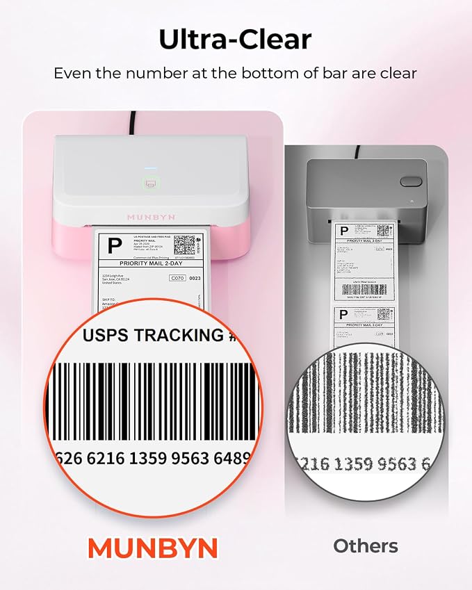 MUNBYN Bluetooth Thermal Label Printer RW403B, Wireless 4x6 Shipping Label Printer for Small Business, Compatible with Android, iPhone, Windows, Mac, Chromebook, Print Width 1.57"-4.25" (Pink)