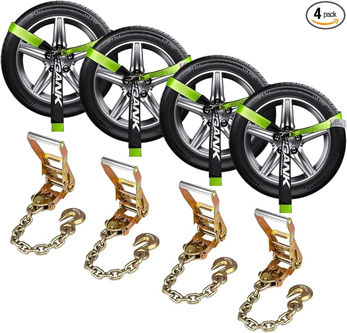 (4 Pack) Heavy Duty Tire Straps for Car Trailer - 2" x 96" - 3,300 lbs Safe Working Load - Wheel Straps for Hauling Cars-Ideal for Securely Transporting Vehicles