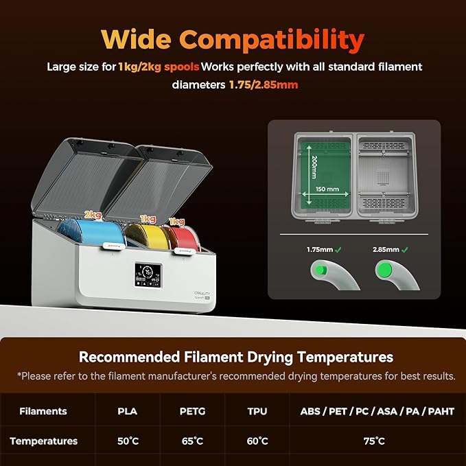 Creality Filament Dryer Box 4 Spool, SpacePi X4L 3D Printer Filament Storage Box, Dual Independent Heating Chambers, Rapid Heating Up to 75℃, Active Dehumidification, Fits PLA,PETG,ABS,TPU,Nylon,etc
