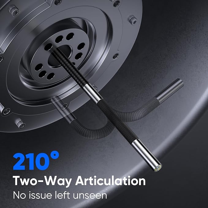 T Takmly Two-Way Articulating Borescope with Light, 210° Steerable 1080P Endoscope Camera, 0.23inch Semi-Rigid Snake Scope, 4.3" IPS Screen, 32GB, 5.5FT for Automotive Engine HVAC Wall Mechanics