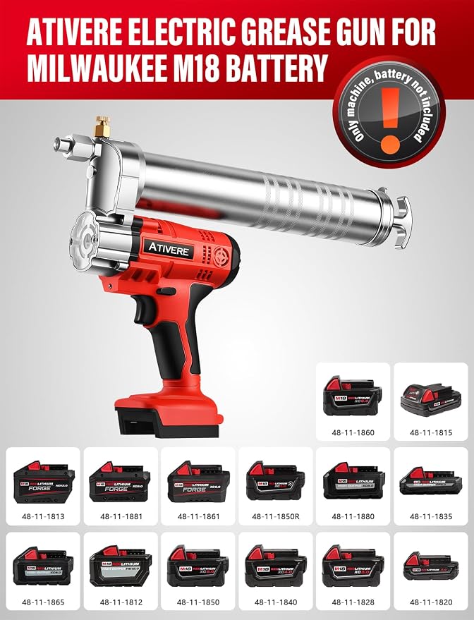 Lithium Battery Grease Gun Electric of Milwauke M18 Battery (NO Battery) with 12” Spring Flex Hose and 6'' Rigid Pipe, 10000 PSI High Pressure Quick Release Grease