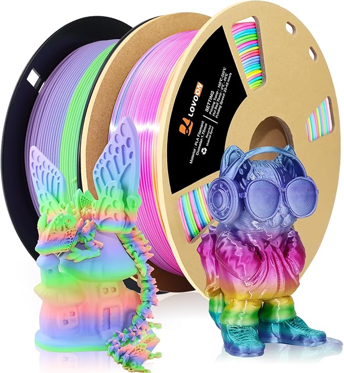 LOVOON 1.75mm 3D Printing Filament Bundle 2 KG, Silk and Matte Rainbow PLA Filaments Bundle Color Changing by Length 3D Printer PLA Filaments, Gradient Rainbow PLA,1KG X 2 Spools