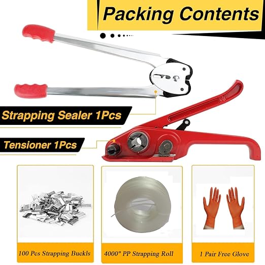 PP Banding Strapping Kit, Heavy Duty Pallet Strapping Package Kit, Strapping Tensioner Tool, Banding Sealer Tool, 1/2" Wide x 4000" Length, 100 Metal Seals for Securing Packing