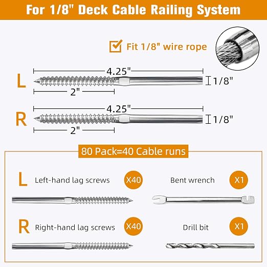 Swage Lag Screws for Cable Railing - 80 Pack T316 Stainless Steel Left and Right Handed Thread - 1/8" Cable Railing Hardware Kit for Deck Stair Wood Post Railing System