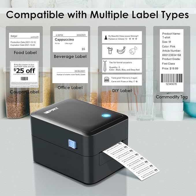iDPRT Label Maker, Thermal Barcode Printer with No Bound Consumables, Bluetooth & USB Connection, 140pcs/min Speed, Customizable App, Supports Various Sized 1"-3.15", Label Printer for Small Business