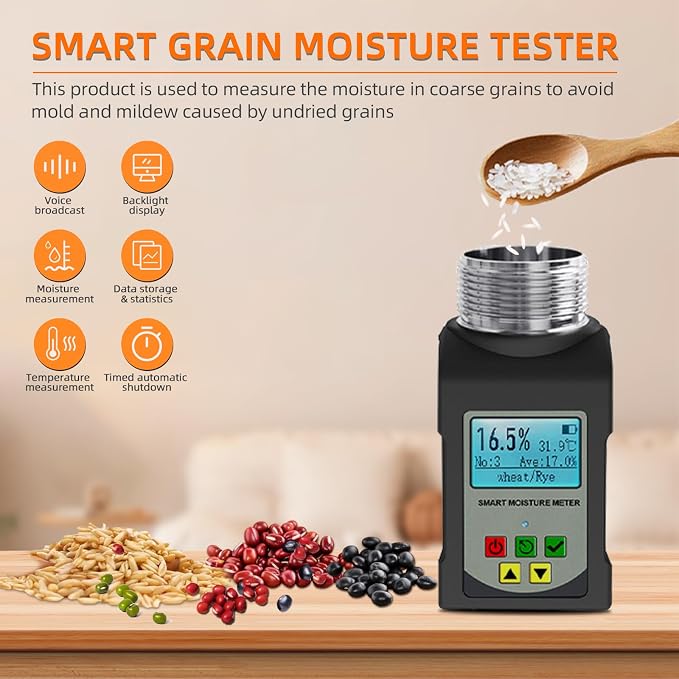 Grain Moisture Meter Tester, Digital Portable Grain Moisture Analyzer for 25 Grains, with Backlit LCD Display, Voice Broadcast, Data Logging, Temperature Test for Coffee Wheat Corn Rice Farm Crops