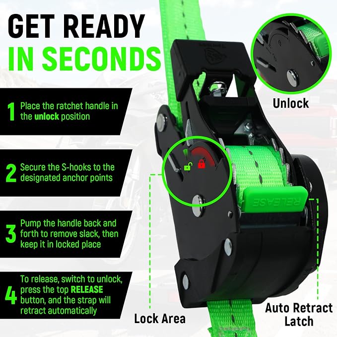 Retractable Ratchet Straps (Patented-4pack) - 1 inch x 10Feet (1,800lb Break Strength) Auto Self Retracting Tie Down Straps - Self Retractable Straps with Refletcive for Motorcyle, Truck or Cargo