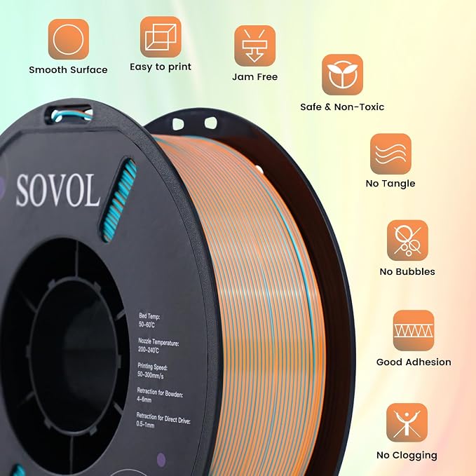 Sovol Dual Color PLA Filament 1.75mm, Silk PLA 3D Printing Material, Dual Color Filament Orange + Light Blue 2 in 1 Coextrusion PLA Filament +/-0.03mm, 1kg/2.2lbs