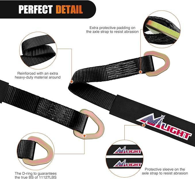 Nilight Axle Tie Down Straps 2" x 38" with D-Rings and Protective Sleeve 11,127 LBS Break Strength – Car Hauler Tie-Downs for Engine Hoist Truck Trailer & UTV 4Pack (Black)