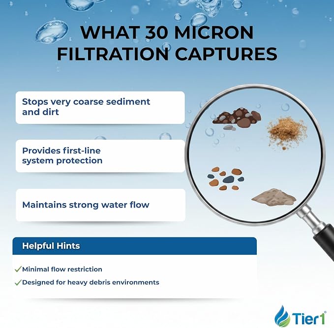 Tier1 30 Micron 10 Inch x 4.5 Inch | 3-Pack Pleated Polyester Whole House Sediment Water Filter Replacement Cartridge | Compatible with Pentek R30-BB, 155101-43, RS6, SPC-45-1030, Home Water Filter