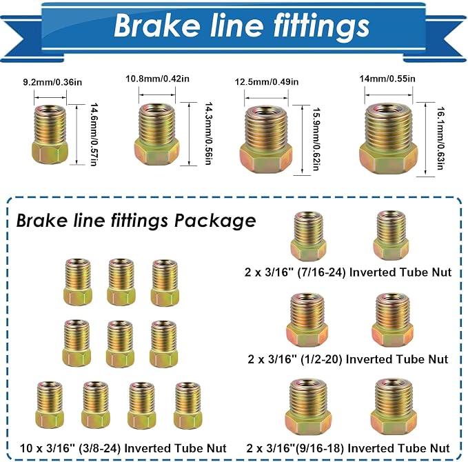3/16inch x 25 ft Brake Line Tubing Kit Flexible Zinc Coated Alloy Brake Line Tubing Coil with 16 Inverted Flare Fittings SAE Standard