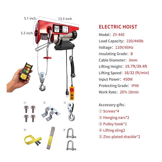 Electric Hoist, 440 lbs 110V Electric Winch with 328 ft Wireless & 14 ft Wired Remote Control, Single/Double Slings,40 ft Single Cable Lifting Height, Lift Hoist for Garage Warehouse Factory