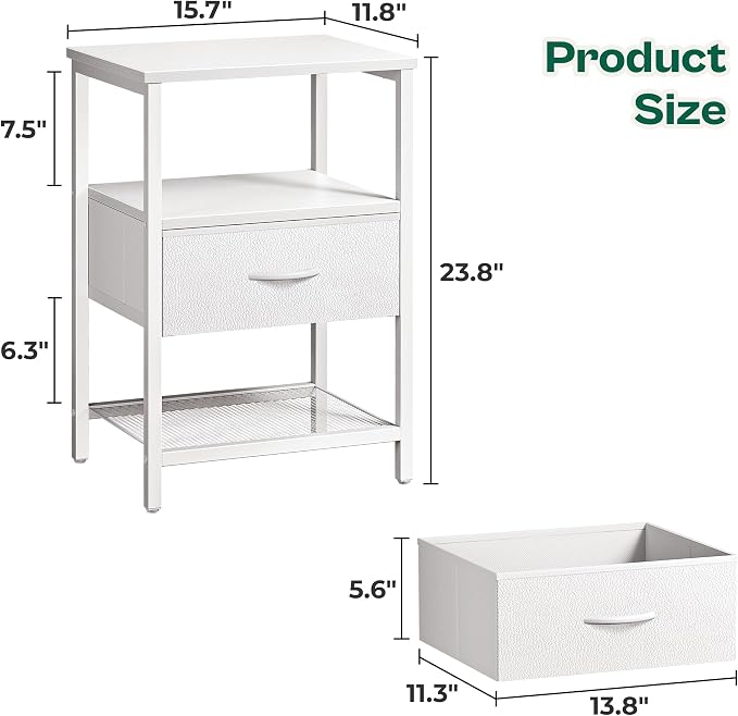 Huuger Nightstand Set of 2, Night Stand with Fabric Drawer, Mesh Shelf, Side Table with Storage, Fabric Drawer Dresser, Open Shelf, Metal Frame, Bedroom, White