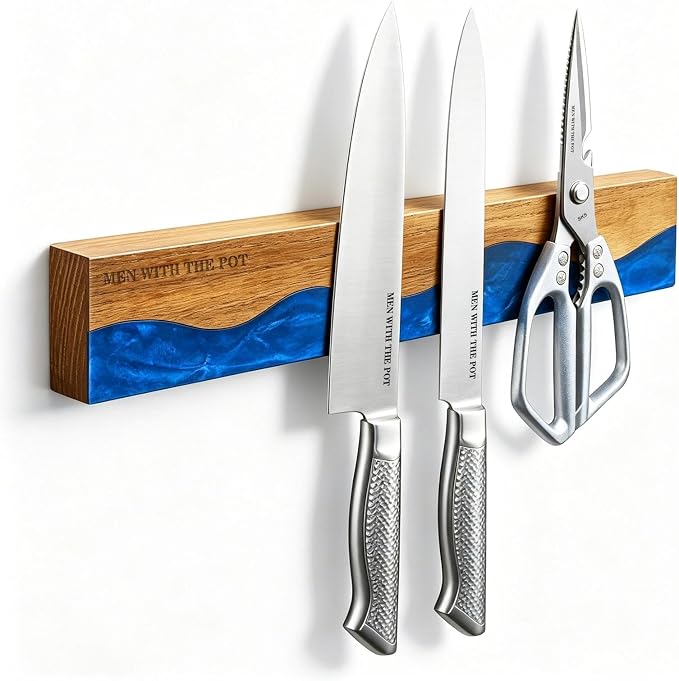 MEN WITH THE POT Magnetic Knife Strips, 16 Inch Magnetic Knife Holder for Fridge Wall, Acacia Wood & Blue Resin Knife Magnetic Strip Use as Knife Bar, Knife Holder for Kitchen Utensil Organizer