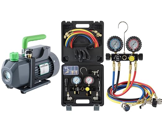 Lichamp HVAC Gauges with Hoses, AC Manifold Gauge Set R134A R410A R404A R22 Refrigerant Gauges and 1/4 HP 3.5 CFM Vacuum Pump, HVAC Single Stage Vacuum Pump for R134a R410a R22 R12