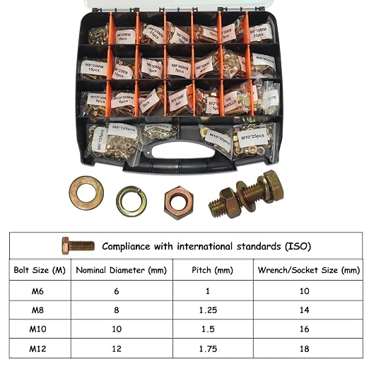 918Pcs Metric Bolt Assortment Kit - Grade 8.8 M6 M8 M10 M12 (16-50mm) Hex Bolts with Nuts & Washers, Yellow Zinc Plated, Storage Case for Heavy Equipment & Machinery Repair