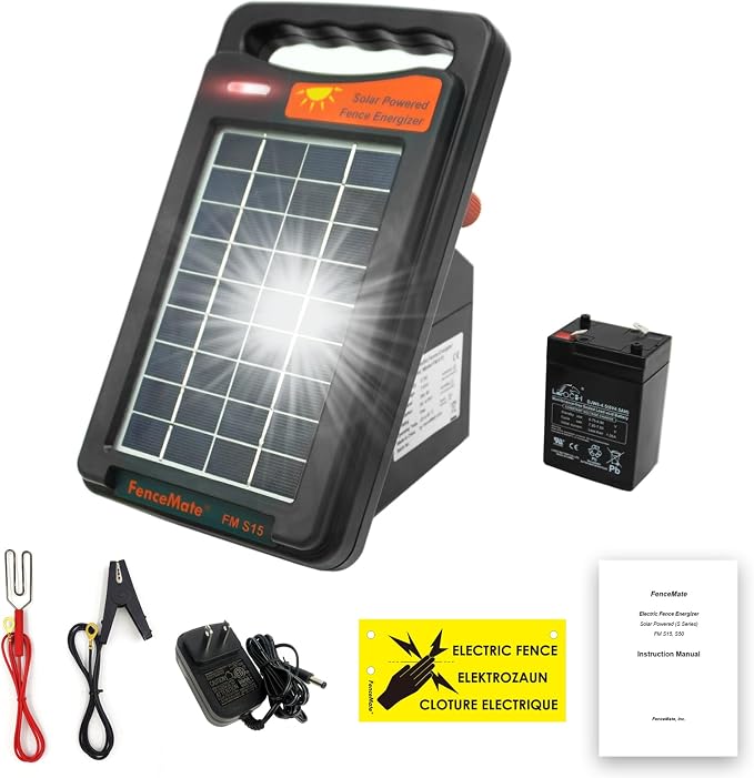 FenceMate 10 Miles Range Solar Fence Charger 0.2J for Containment of Livestock, Poultry, Pet, Hobby Farming, Portable Energizer for Exclusion of Rodent, Nuisance, Day & Night, All-Weather Protection