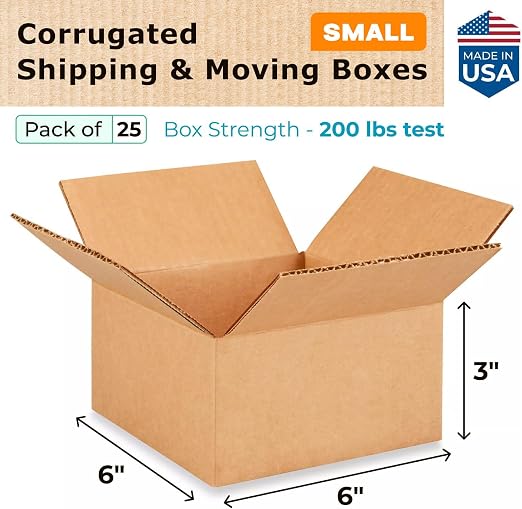 Small Moving & Shipping Boxes 6"L x 6"W x 3"H (25-Pack) - Extra Strength 200 lb vs Regular - USA-Made Corrugated Moving Box - Small Cardboard Box - Moving Box Heavy Duty by IDL Packaging