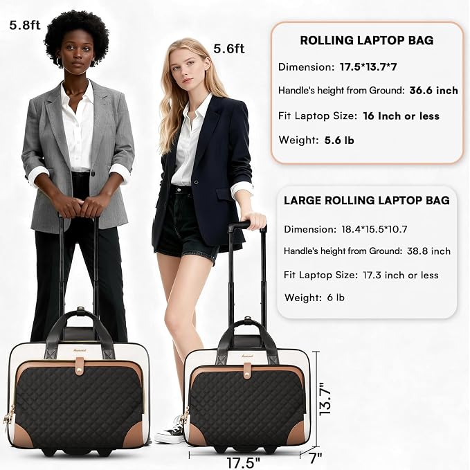 Arcoyard Rolling Laptop Bag, Rolling Briefcase for Women with Waterproof Pocket, 16 Inch Computer Bag, Underseat Carry On Luggage with Wheels for Work Travel Business, Lightweight Beige Brown