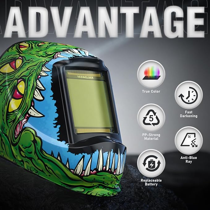 YESWELDER Auto Darkening Welding Helmet with Blue Light Blocking, Large View 3.93x3.66 Inch, True Color 1/1/1/1 Optical Clarity, Shade 3/5-9/9-13, Solar Powered, 4 Arc Sensors