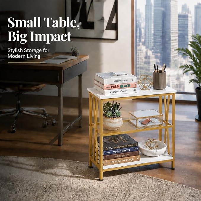 Narrow Side Table, End Table with 3 Tier Storage Shelves, Industrial Rustic Accent Skiny End Tables for Small Spaces, Slim Couch Beside Table, Small Hallway Table for Living Room (White+Gold)