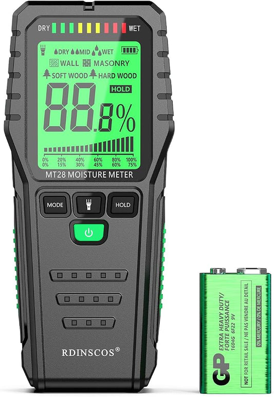 Pinless Moisture Meter Non-Invasive Digital Wood Moisture Tester | For Wall, Lumber, Building, Firewood, Humidity Tester,Built Flashligh,Low Light Readable LCD Screent
