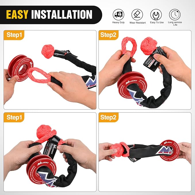 Nilight Synthetic Soft Shackle 1/2" x 24" & Recovery Ring Kit - 56,000 LBS Shackle Breaking Strength with 46,000 LBS MBS Snatch Pulley for 4x4 Truck SUV ATV UTV Off-Road Vehicle Extraction (Red)